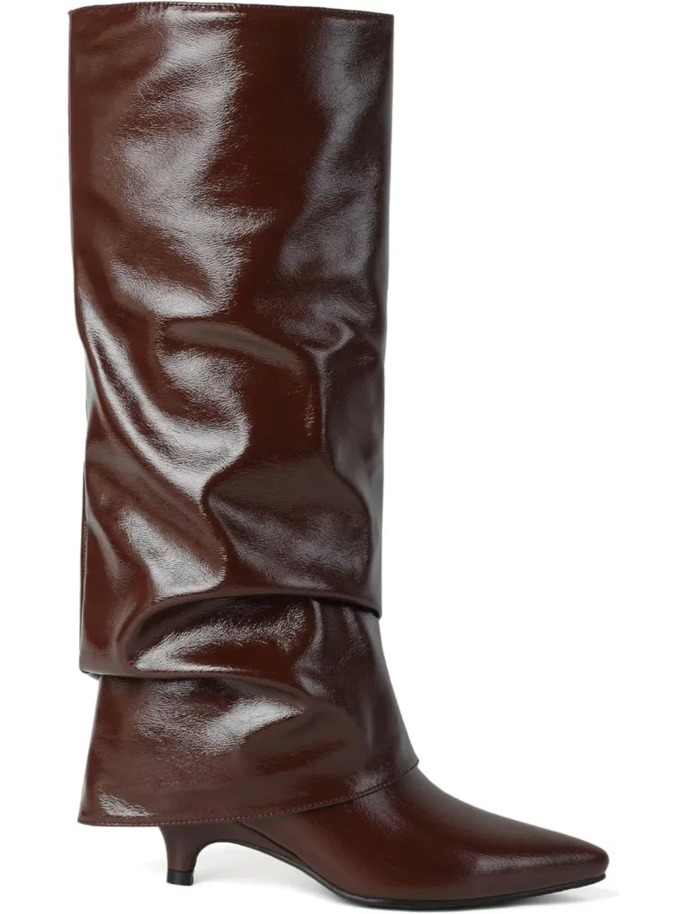Women Coffee Faux Leather Pointed-Toe Folded Wide Calf Low Kitten Knee-High Boot